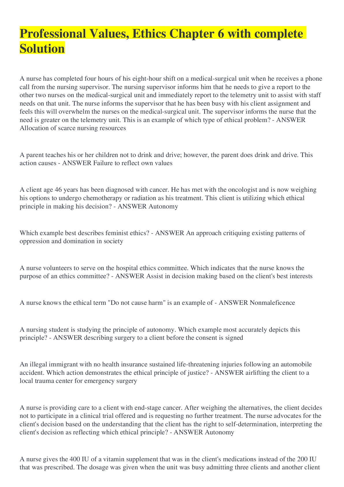 Preview image for Professional Values, Ethics Chapter 6 with complete Solution